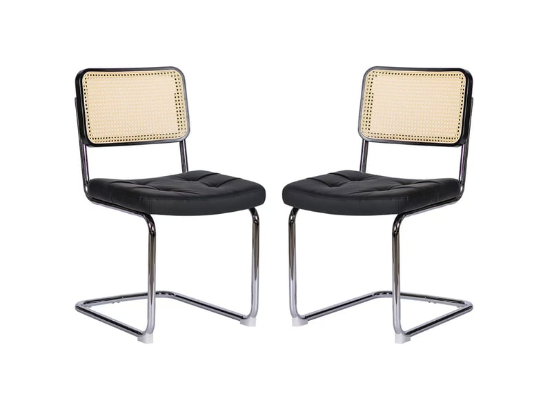  Lot de 4 chaises de salle à manger noires en simili cuir et rotin, piètement en acier chromé  - Conforama A