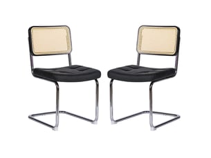 Lot de 4 chaises de salle à manger noires en simili cuir et rotin, piètement en acier chromé