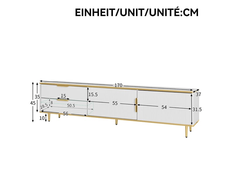 Meuble tv blanc et or 170 cm avec portes sculptées et tiroirs - Conforama C