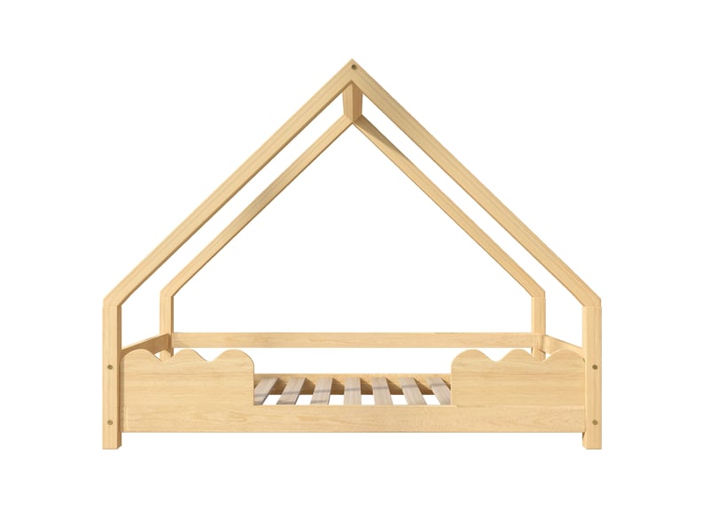  Lit maison enfant 90x200cm en bois massif avec barrière sécurité, lit à jouer, adolescent, naturel, sans matelas  - Conforama R