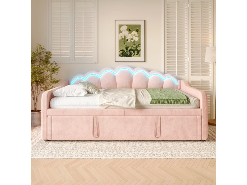  Canapé-lit 90x200 cm avec bande led multicolore, lit simple en velours avec lit gigogne, lit d'enfant, lit 1 personne, rose  - Conforama R