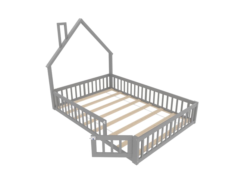  Lit cabane 140x190 cm avec sommier à lattes, garde-corps, forme de maison, en bois, sans matelas, gris  - Conforama D