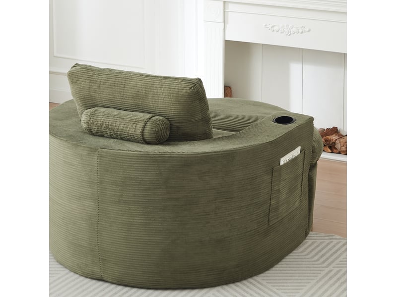 Fauteuil lounge rond avec repose-pieds – vert – velours côtelé, rangement latéral et porte-gobelets - Conforama E