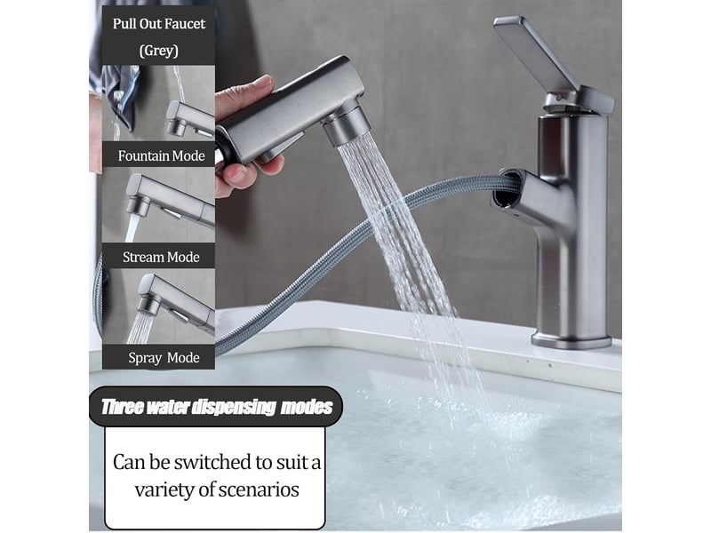  Robinet de salle de bain, trois modes d'eau (jet, jet, fontaine), pulvérisateur extractible (gris) XJD001140ZLS - Conforama C