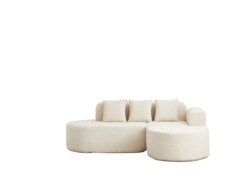 Canapé d'angle en l à méridienne incurvée avec 3 coussins en velours côtelé beige, 220 × 155 × 70 cm - Conforama A