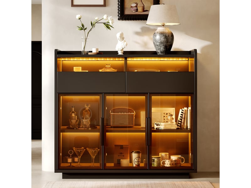  Buffet vitrine 100x40x91.5cm avec verre de sécurité teinté, 2 tiroirs à façade vitrée et éclairage led multicolore, meuble bar, noir evarich - Conforama E