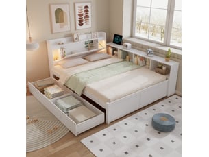 Modenvie lit double avec rangement 140x200 cm - tête de lit avec éclairage, sans matelas - blanc