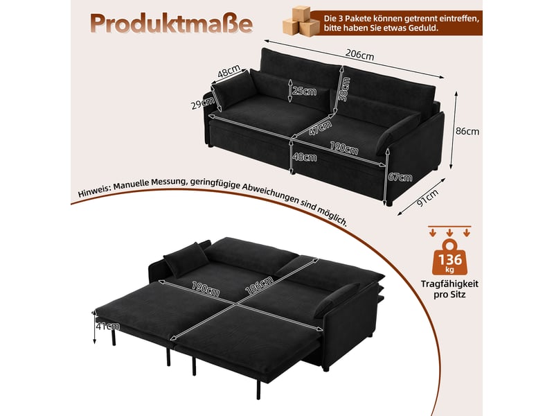  Canapé-lit 3 places 206x91x86 cm 3-en-1 avec rangement coloris noir  - Conforama C