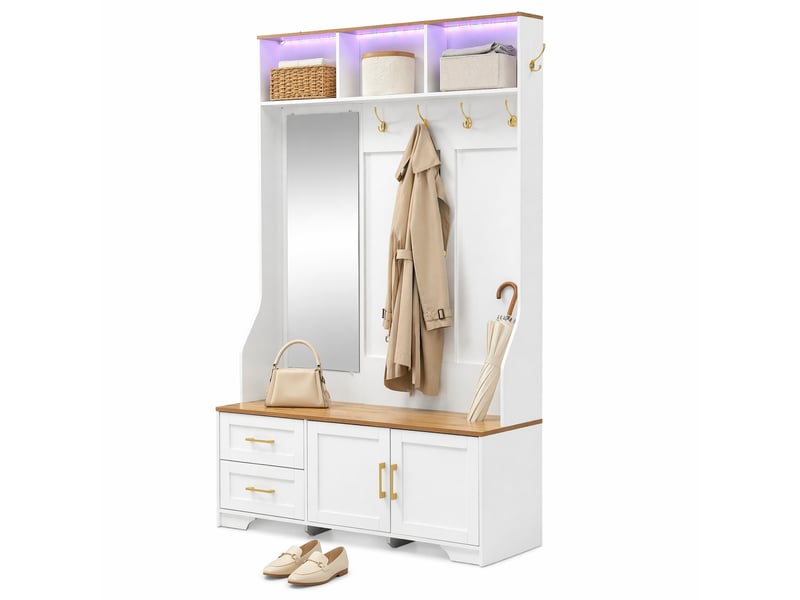  Meuble d'entrée avec miroir, led, crochets, tiroirs, portes et assise, pour chaussures, blanc et bois, 120 × 40 × 187 cm  - Conforama A