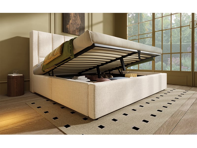  Lit coffre 140x200 cm tissu lin – rangement hydraulique, ports usb, porte-gobelet, sommier et matelas inclus  - Conforama D