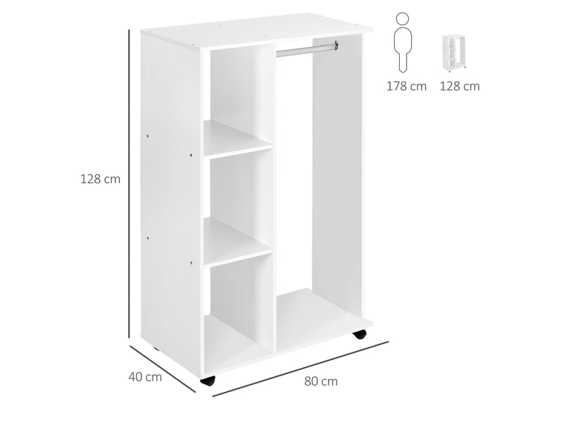  Portant vêtements mobile pour chambre 80 x 40 x 128 cm avec 3 étagères gain de place moderne épuré en mélamine blanc 21_0000085  - Conforama C