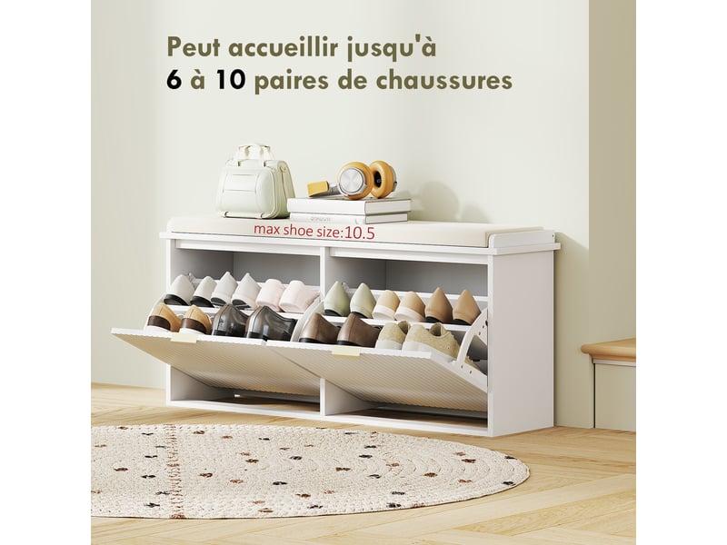  Banc à chaussures avec coussin d'assise rembourré et tiroir rabattable pour couloir, 104 x 26 x 47,5 cm, chambre, blanc  - Conforama E