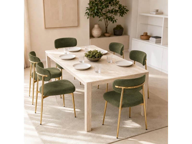 Lot de 6 chaises de salle à manger rembourrées vertes, dossier incurvé, pieds en métal doré, patins réglables, charge 125 kg, design moderne - Conforama B