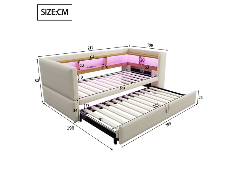  Canapé-lit escamotable 90x180x190cm avec leds, prises et rangements, en tissu beige, sans matelas.  - Conforama C