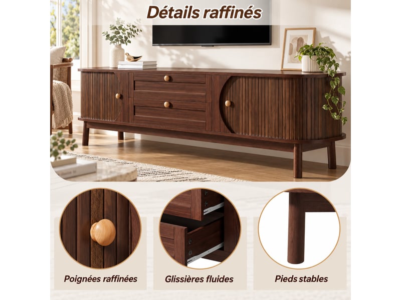  Meuble tv 170 cm avec tiroirs et rangements, coins arrondis et pieds en bois - effet bois  - Conforama D