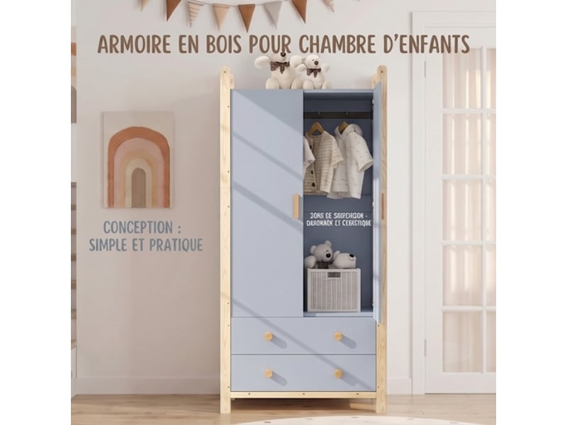  Armoire 2 portes avec penderie et 2 tiroirs, meuble de chambre bleu et bois, 90x45x180 cm  - Conforama D