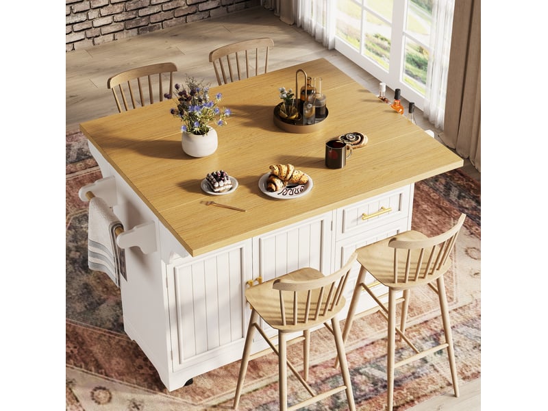  Îlot de cuisine mobile blanc en mdf avec plateau rabattable et 3 tiroirs  - Conforama D