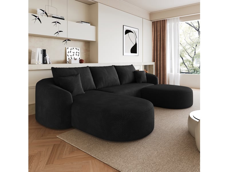  Canapé d'angle panoramique en u 5 places 266x168 cm en chenille noir  - Conforama B