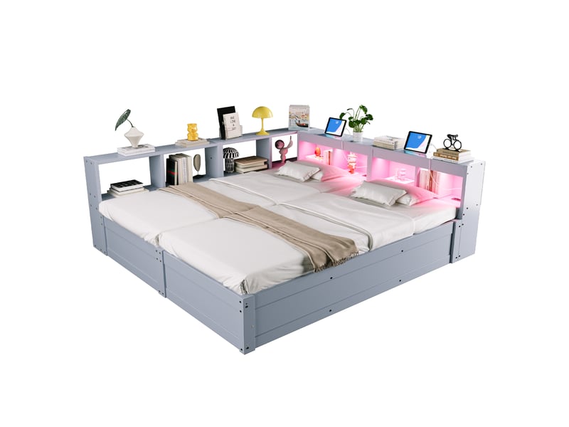 Lit banquette extensible 90180x200 cm multifonction en bois avec prise européenne, rangements multiples, éclairage led et coffre hydraulique, gris - Conforama A