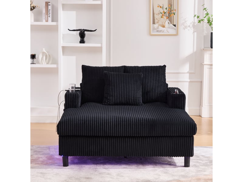 Canapé 142x128x85cm avec porte-boissons latéraux, ports usb, éclairage led, design moderne, velours côtelé noir - Conforama D