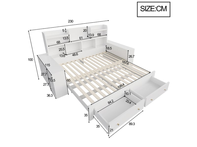  Canapé-lit extensible fermé 90x200 cm, ouvert 180x200 cm, rangements led prise mdf blanc sans matelas  - Conforama C