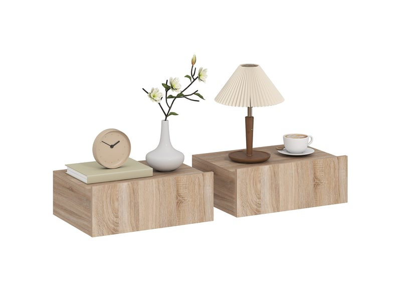  Lot de 2 tables de chevet murales, tables de nuit suspendues avec tiroir coulissant, 40 x 30 x 15 cm, chêne  - Conforama A