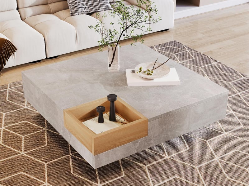 Table basse 72x72x30 cm avec boîte de rangement amovible, plateau carré et base centrale, panneaux, gris béton et bois ABC - Conforama B