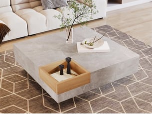 Table basse 72x72x30 cm avec boîte de rangement amovible, plateau carré et base centrale, panneaux, gris béton et bois