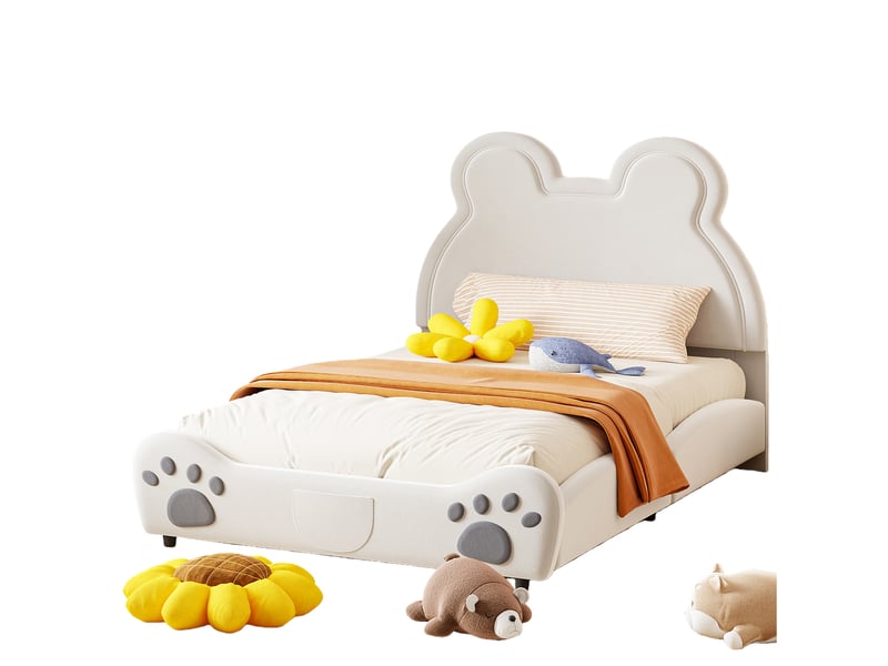 Lit enfant 140x200 cm - lit rembourré double au style original en forme d’ours, revêtement en velours doux, montage complet ou partiel requis, sans matelas - blanc - Conforama A