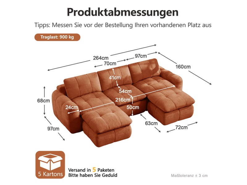 Canapé modulable en u 3 places avec 2 ottomans, en chenille orange  - Conforama C
