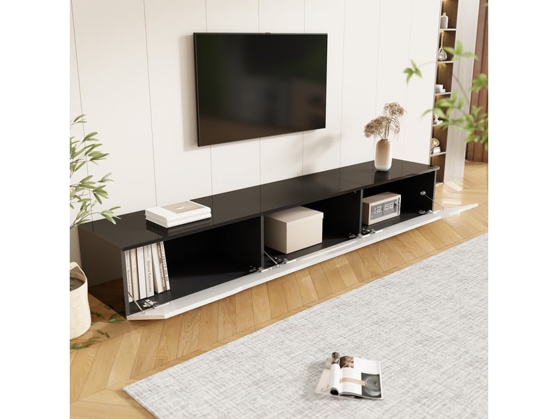  Meuble tv blanc avec éclairage led 16 couleurs - design mural moderne, rangement spacieux, mdf 180×35×30 cm  - Conforama B