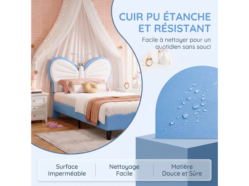  Lit simple 90x200 cm avec lampes led, lit enfant capitonné avec tête de lits réglable en forme de papillon et lattes en velours, sans matelas, bleu  - Conforama R
