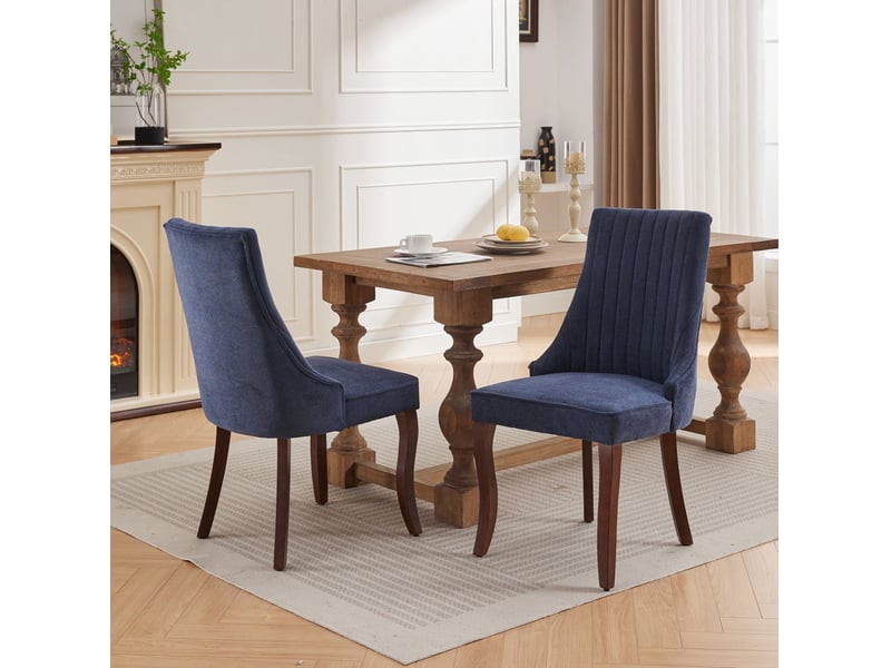 Lot de 2 chaises de salle à manger 50x64x95,5 cm, dossier haut, pieds réglables, chenille et bois, bleu - Conforama B