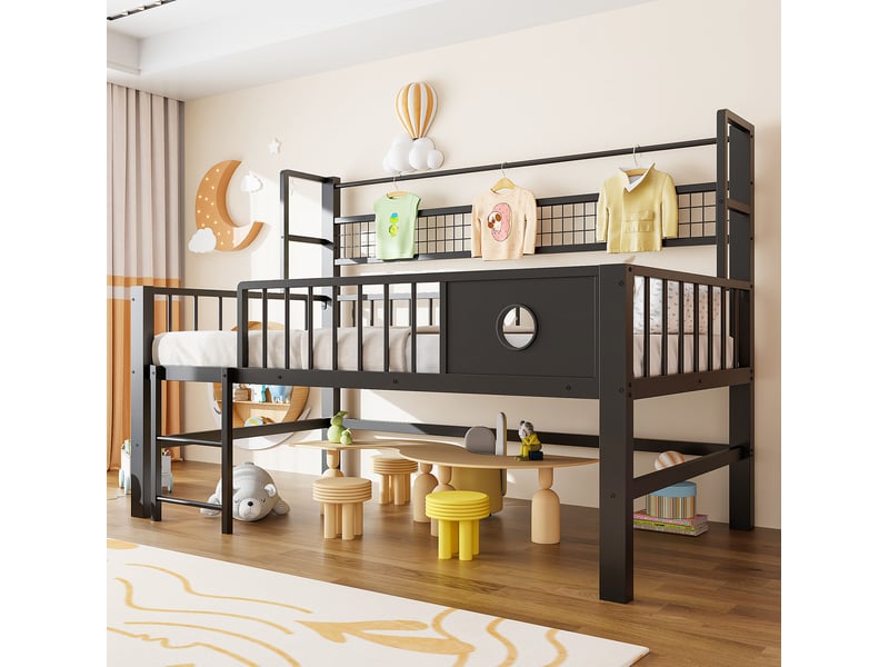  Lit mezzanine 90x200 cm avec rangement et tringle en métal noir  - Conforama B