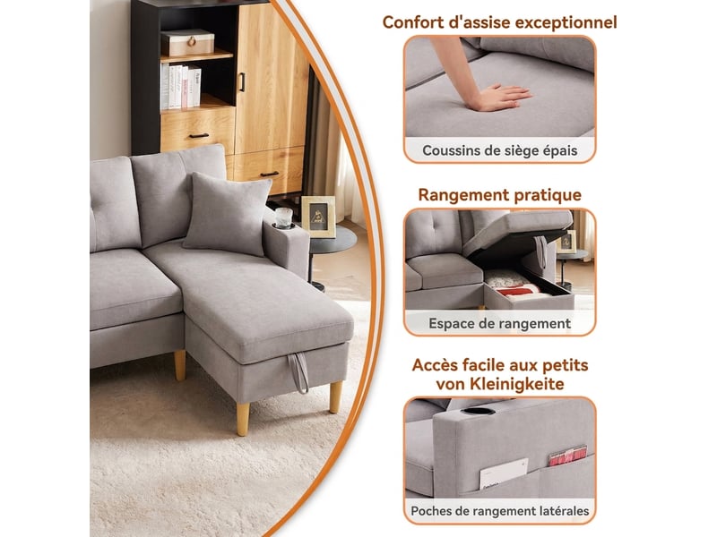 Canapé 3 places avec méridienne réversible - gris clair aspect lin avec coffre et porte-gobelets - Conforama E