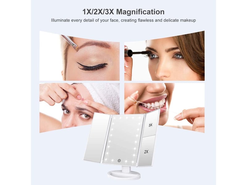  Miroir de maquillage 22 led – grossissement 1x2x3x, tactile blanc, pliable et portable pour voyage  - Conforama D