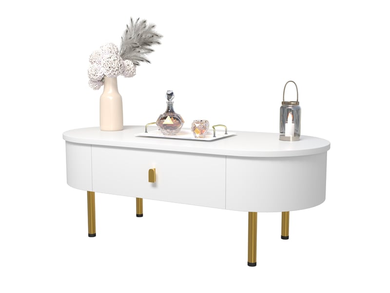  Table basse de salon 108x50x40cm, table ovale, 2 tiroirs, poignées et pieds dorés, style simple, mdf, blanc  - Conforama A