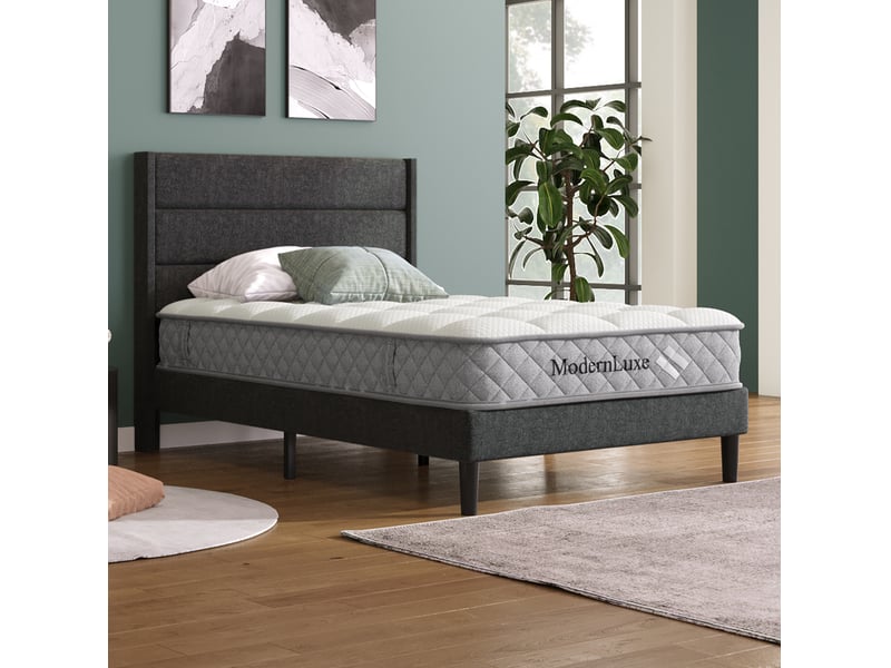  Lit enfant simple 90x200 cm en lin gris foncé avec tête de lit, sommier et matelas  - Conforama D