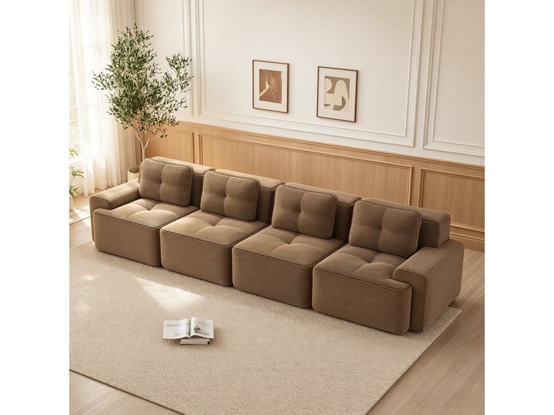  Canapé modulable 4 places effet nuage, assise généreusement rembourrée et base antidérapante, 69 × 382 × 177 cm, marron  - Conforama D