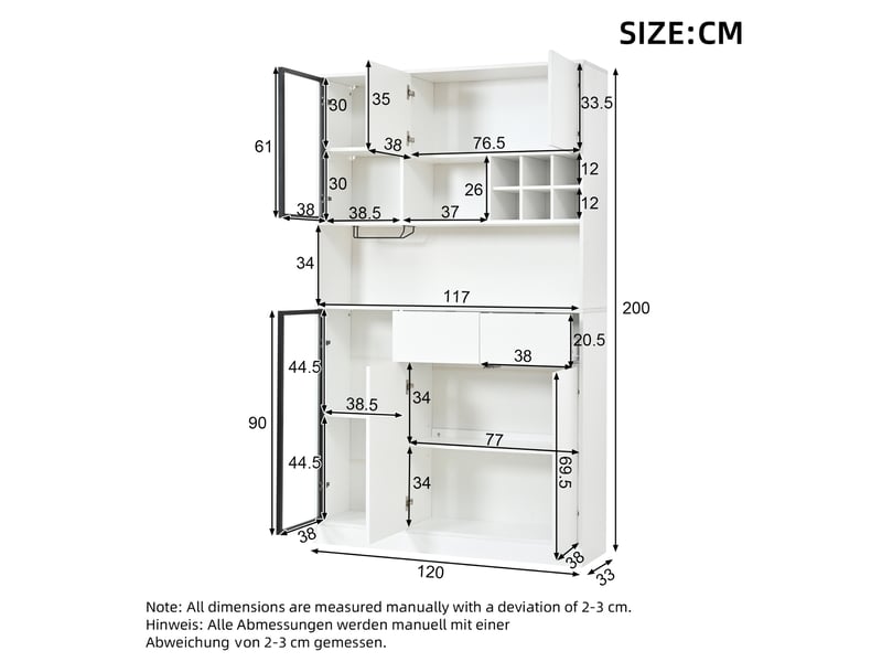  Vitrine haute 120x33x200 cm, 6 portes et 2 tiroirs, éclairage led, panneau de particules, blanc  - Conforama E