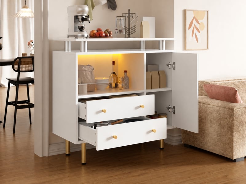  Buffet blanc avec éclairage led, 2 portes coulissantes en verre, 2 tiroirs et 1 porte, 80 × 35 × 80 cm  - Conforama B