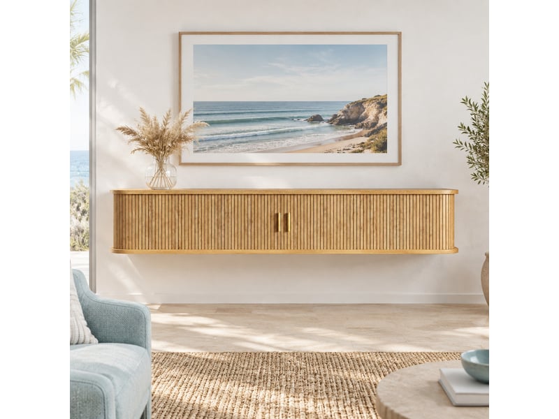  Meuble tv mural 175 cm avec portes coulissantes et éclairage led, finition naturelle  - Conforama D