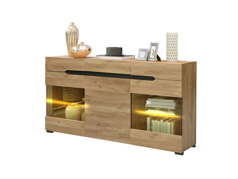 Buffet bas 140x35x80 cm 3 portes 3 tiroirs led coloris chêne clair - Conforama A