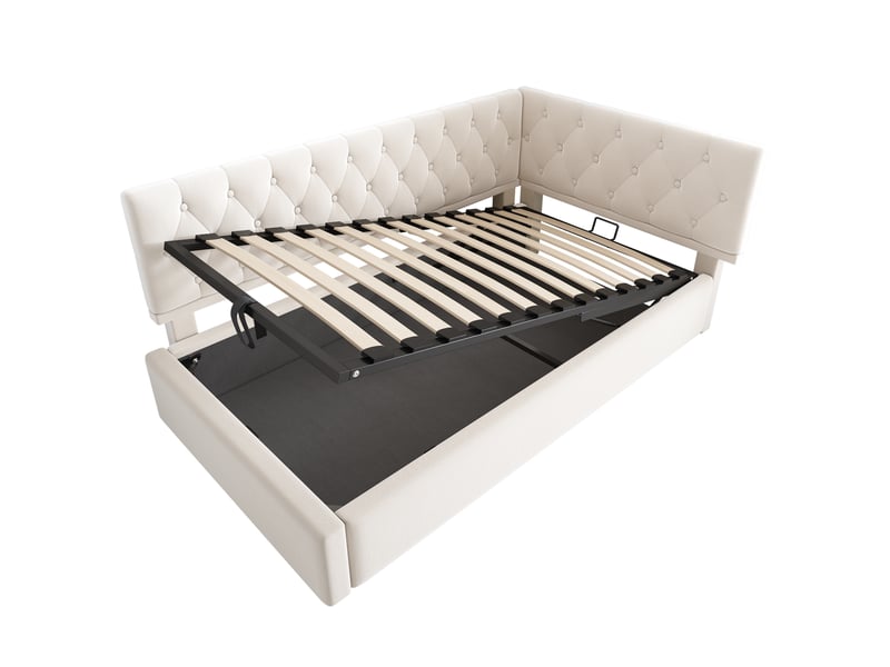  Lit coffre enfant 90x200 cm avec rangement et tête réversible, velours, beige, sans matelas  - Conforama D