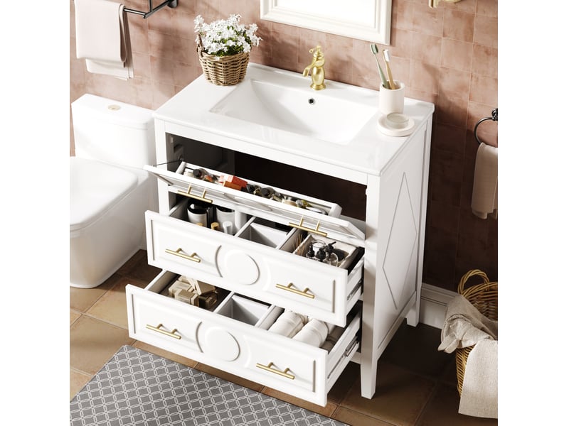  Meuble sous vasque avec 3 tiroirs à fermeture douce et vasque en céramique, rétro pour salle de bain, blanc, 81 × 46,5 × 86,5 cm  - Conforama C