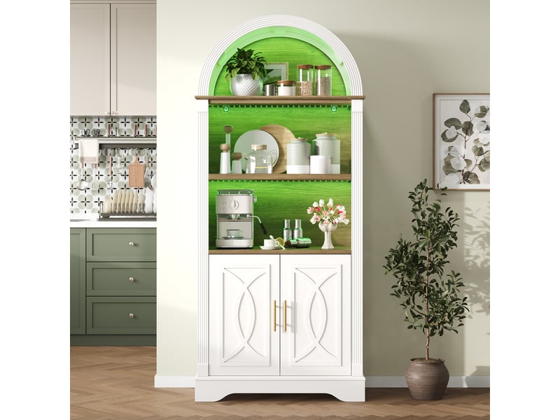 Buffet cuisine 2 portes, 76,2 x 40,1 x 180 cm, éclairage led, 3 niches ouvertes, étagère réglable et façades en relief, mdf, blanc Morn Vibe - Conforama B
