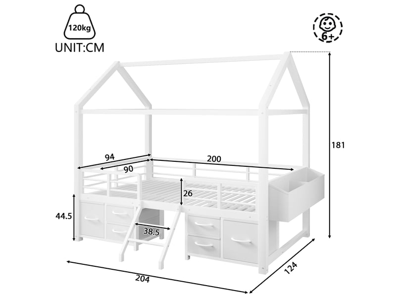  Lit mezzanine enfant 90x200cm avec toit de cabane et led, lit surélevé avec plusieurs tiroirs en tissu et rangement au pied, structure en métal, blanc Seren Glow - Conforama C