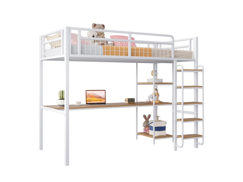  Lit mezzanine enfant 90x200 cm avec table, étagère, garde-corps, escalier, sommier, métal blanc, sans matelas  - Conforama A