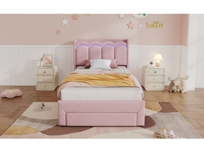 Lit enfant rembourré 90x200 avec tiroir et led evryae  - Conforama D