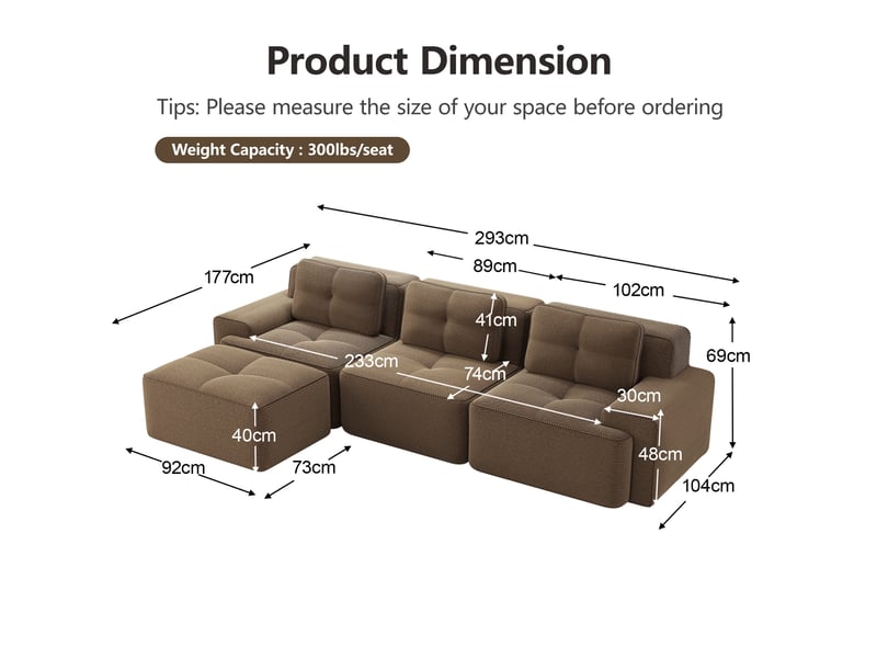Canapé d’angle modulable marron en velours côtelé avec ottoman inclus – cloud 3 places - Conforama C